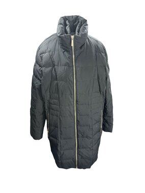 Michael Kors Womens Black Quilted Puffer Coat With Gold Zipper High Collar & Ela